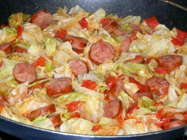 Капуста жареная с сосисками фото рецепт Smoked Sausage & Fried Cabbage Recipe - Food.com Recipe Fried cabbage with sausa