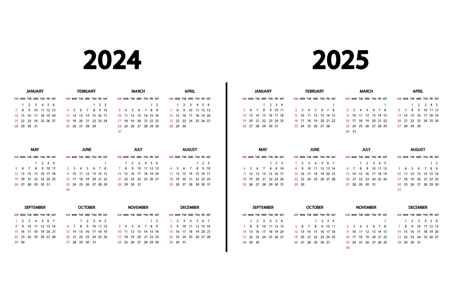 Караульный календарь на 2025 год Calendar English 2024 and 2025 years. The week starts Sunday. Annual calendar 20