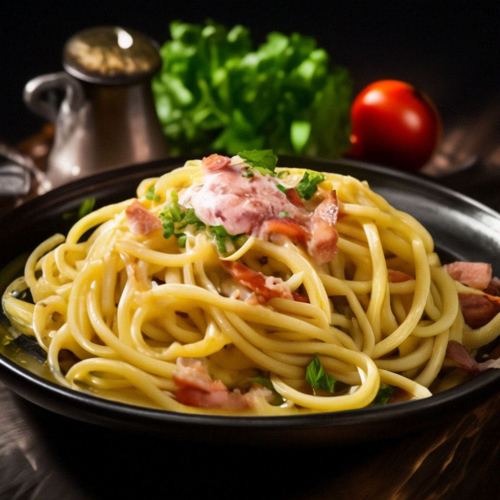 Карбонара фото блюда "Pasta Carbonara Day 6 april ." - image created in Shedevrum
