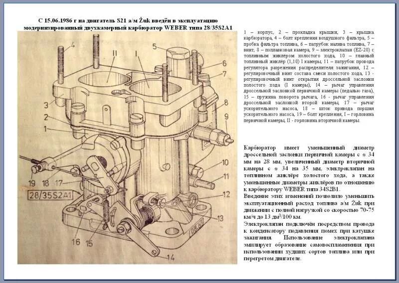 Карбюратор ваз 2101 устройство схема подключения Карбюратор WEBER типа 28/35S2A1 нa двигaтель S21 a/м Zuk - Наглядные пособия - К