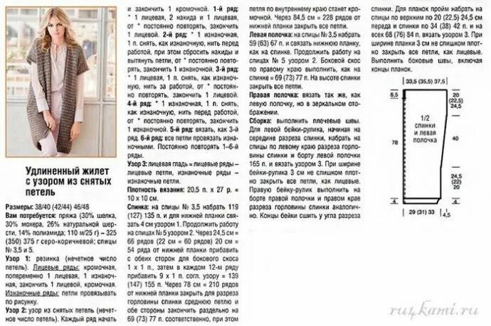 Кардиган без рукавов женский спицами схема Удлиненный жилет спицами