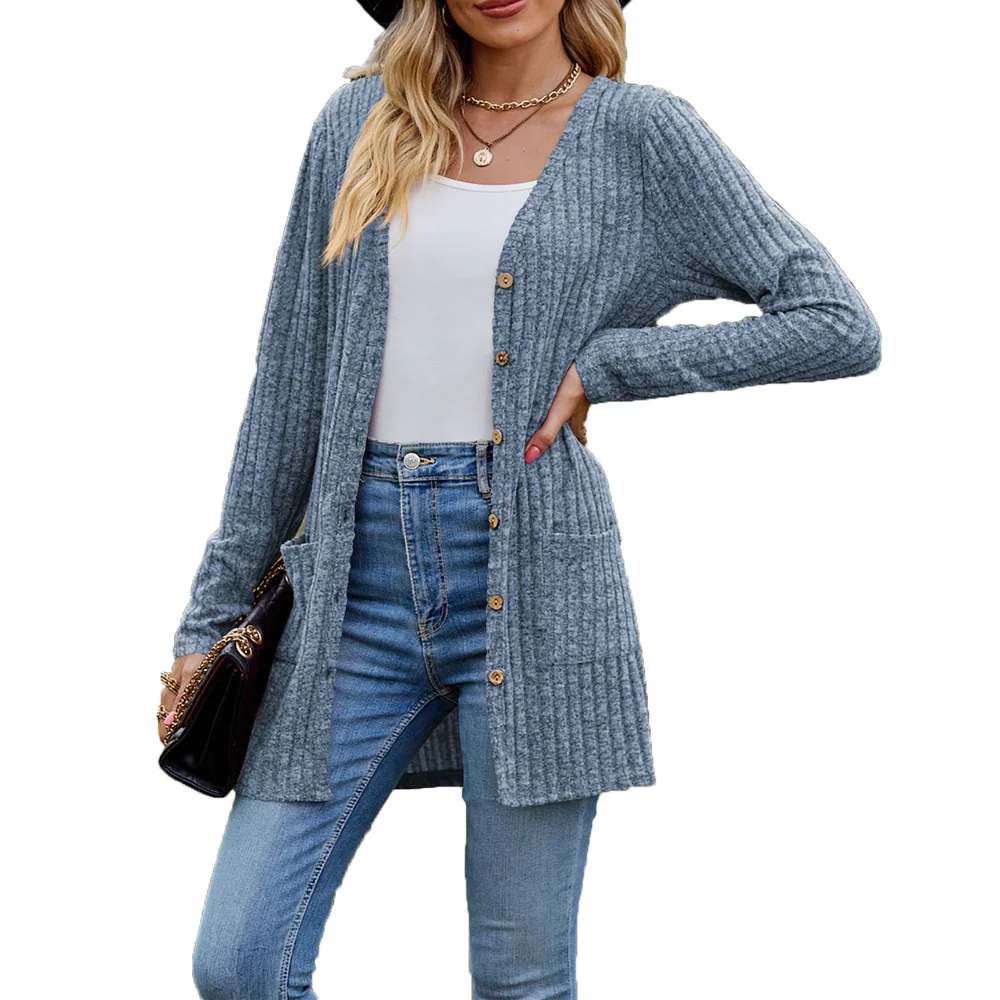 Кардиган женский тренды осень 2024 Autumn Women Cardigan jacket long sleeves pit stripe matte solid color button to