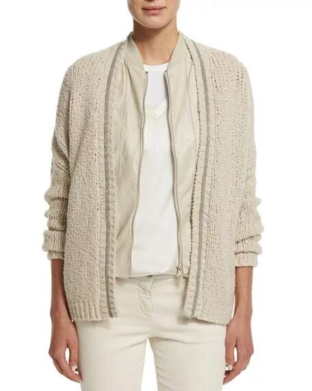 Кардиган женский в стиле брунелло кучинелли Zip-Front Leather Vest W/Monili Trim, Monili-Trim Open-Front Cardigan, Simple V-