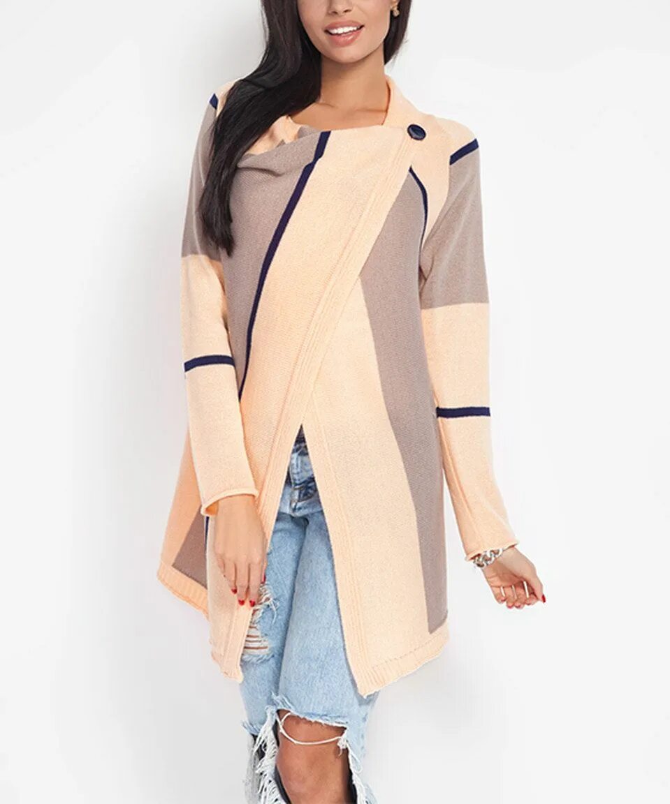 Кардиганы из ткани фото This Fobya Apricot & Taupe Color Block Asymmetric-Front Cardigan by Fobya is per