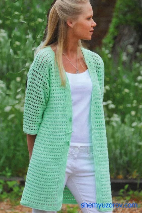 Кардиганы крючком фото схемы Salatovyy fácil kardigan. MK el vídeo. // ЗИНАИДА ИВАНОВНА Long crochet cardigan