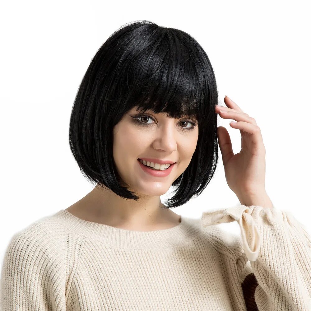 Каре прическа женская фото с челкой BVR 12 Inch Black Straight Short Bob Human Blend Hair Wigs With Bangs - купити з