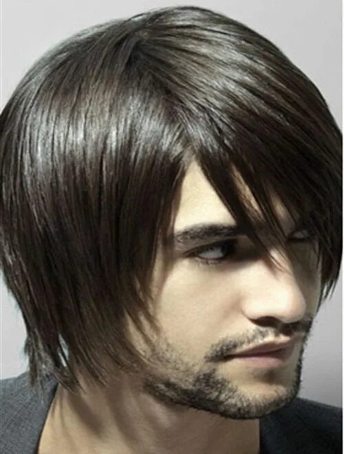 Каре с челкой мужская стрижка Brown Straight Remy Human Hair Graceful Men Wigs Long hair styles men, Medium ha