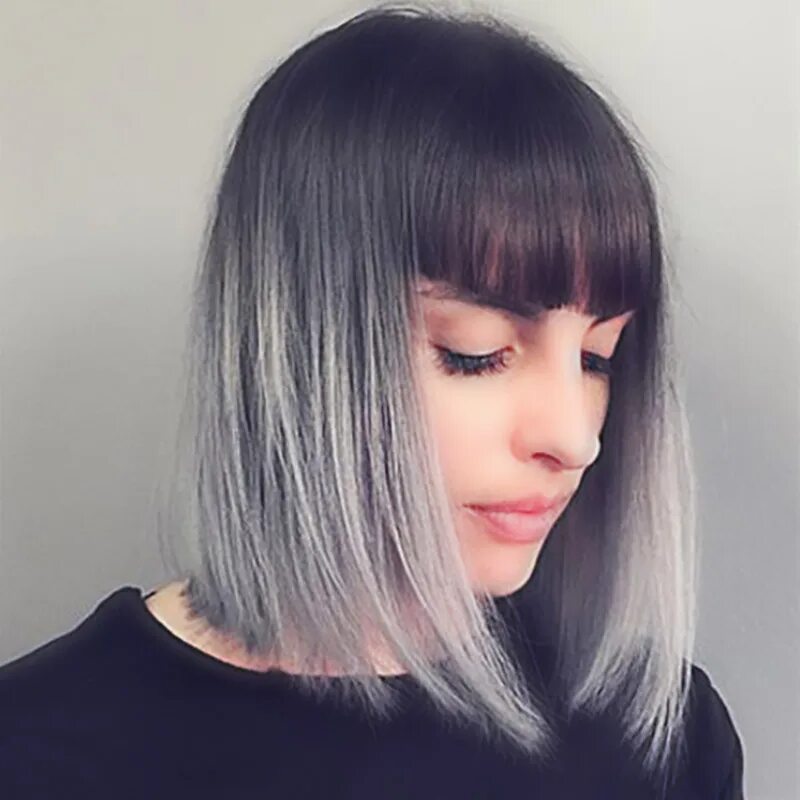 Каре серого цвета фото LIHUI 12inches High quality high temperature fiber Black gray gradient short wig