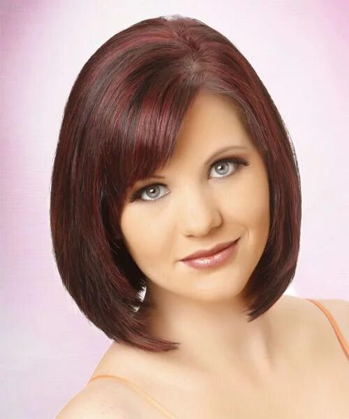 Каре волосы круглое лицо фото Traditional Red Mid-Length Bob Haircut With Side Parted Bangs Bob haircut for ro