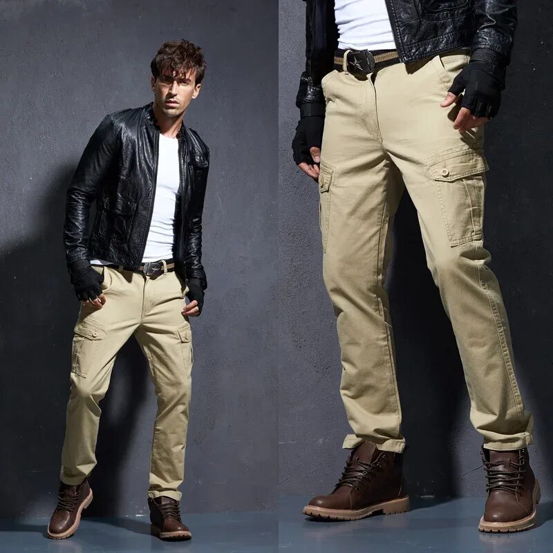 Карго стиль в одежде мужской ICPANS Casual Cargo Pants Men Straight Cotton Mens Pants tactical Clothing Khaki