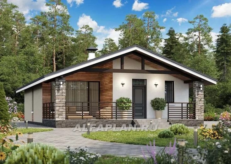 Каркас одноэтажного дома с двухскатной крышей фото 619A Одноэтажный коттедж с двускатной кровлей. Общая площадь - 86.5 м2. Alfaplan