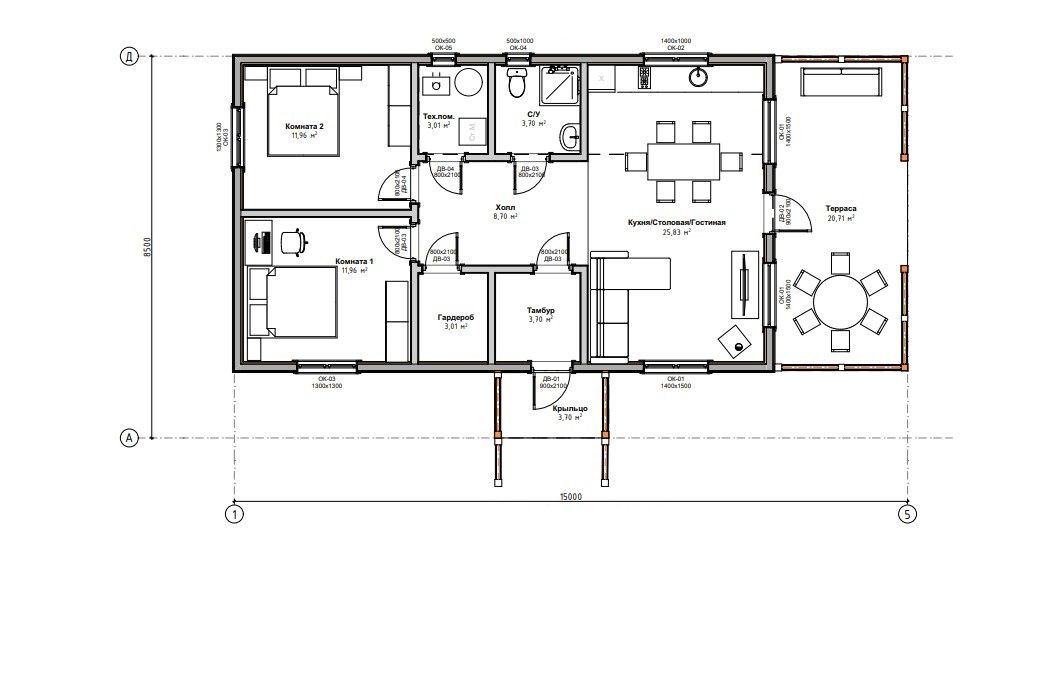 Каркас планировка домов Grey House проект Химос с 2-мя спальнями, дом- 7х12 м ❄ Высота потолка - 2,4 - 3
