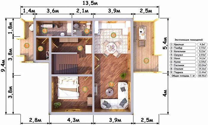 Каркасные дома планировка фото Дом из бруса 9.4х13.5 "Константинополь" Проект и цена строительства в Москве
