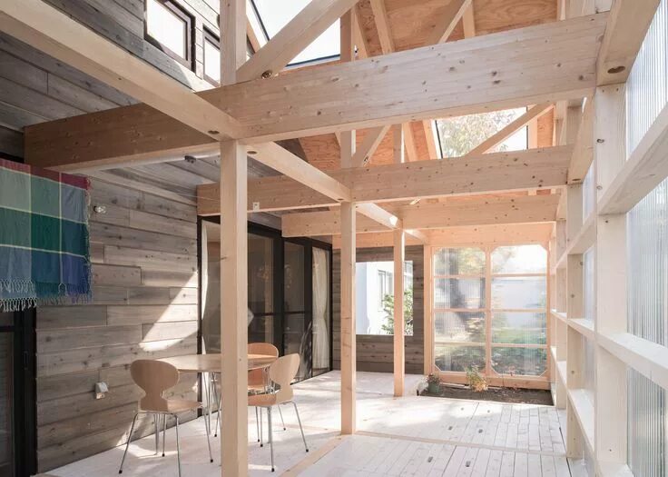 Каркасный дом как выглядит внутри Timber-framed home by Yoshichika Takagi has attic bedroom and translucent sunroo