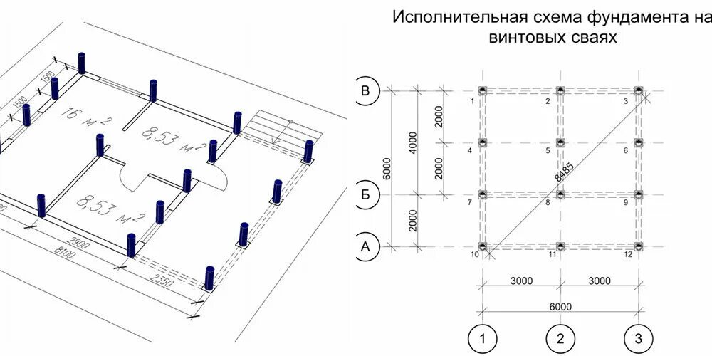 Каркасный дом на сваях схема Mega-svai.ru, specialized construction works, Korolyov, Tekstilshchik Microdistr