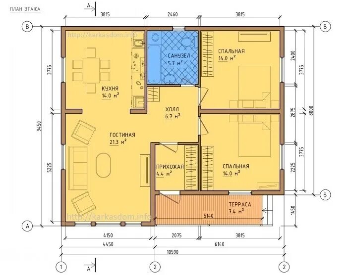 Каркасный дом одноэтажный планировка проекты Проект каркасного дома ДК-315 9,5х10,6 (98 м²)