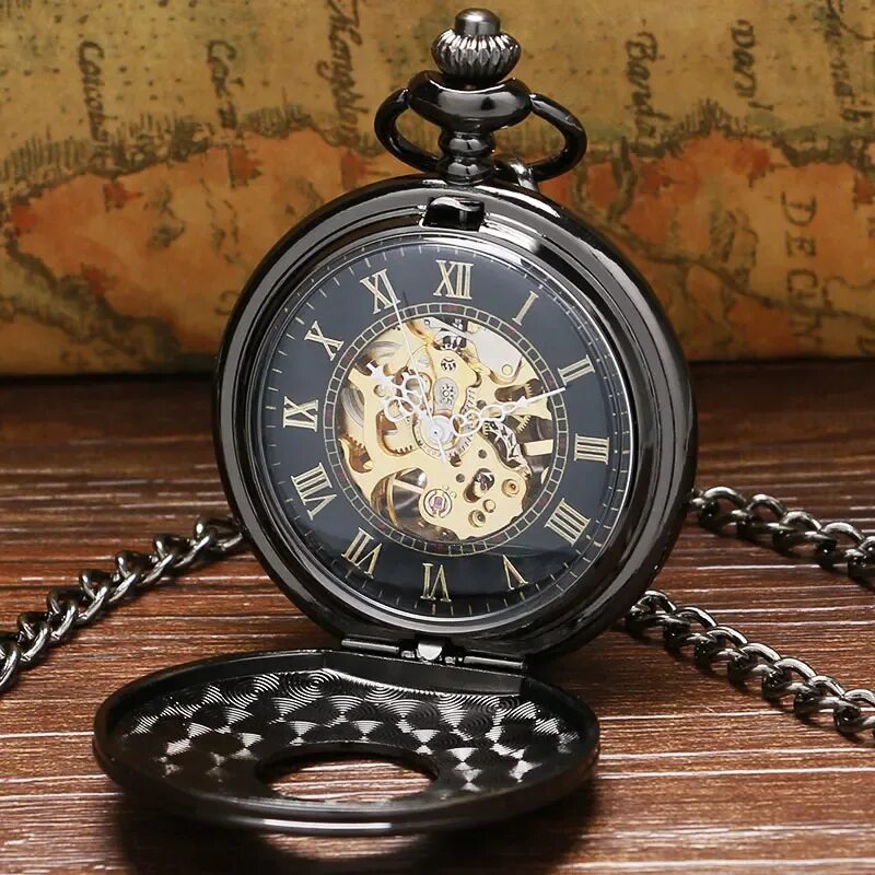 Карманные часы фото Vintage Luxury Black Metal Mechanical Pocket Watch Steampunk Watches Pin Chain M