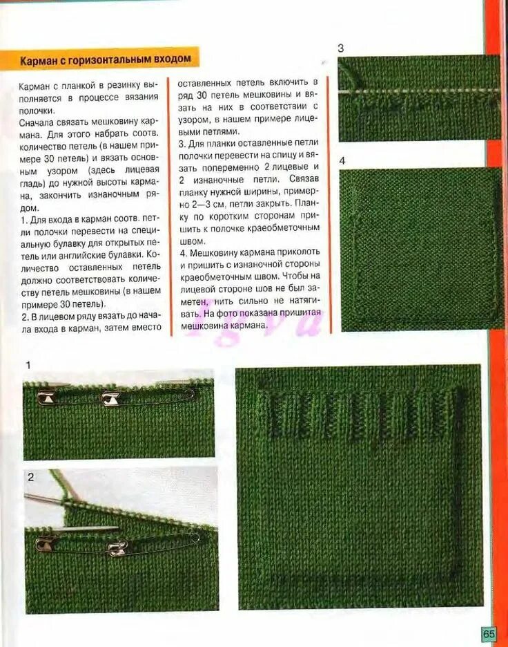 Карманы спицами с описанием и схемами Burda special E804 2004 RUS - Учимся вязать на спицах Knitting stitches, Knittin