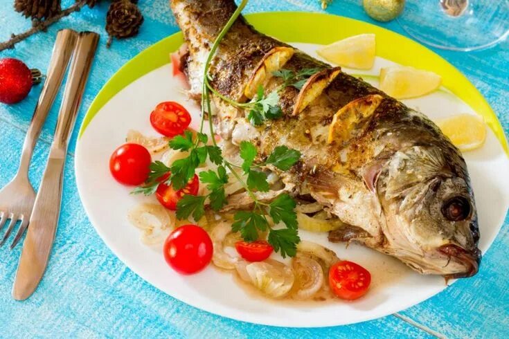 Карп запеченный с овощами фото Карп, запеченный с грибами 0 Идеи для блюд, Еда, Грибы