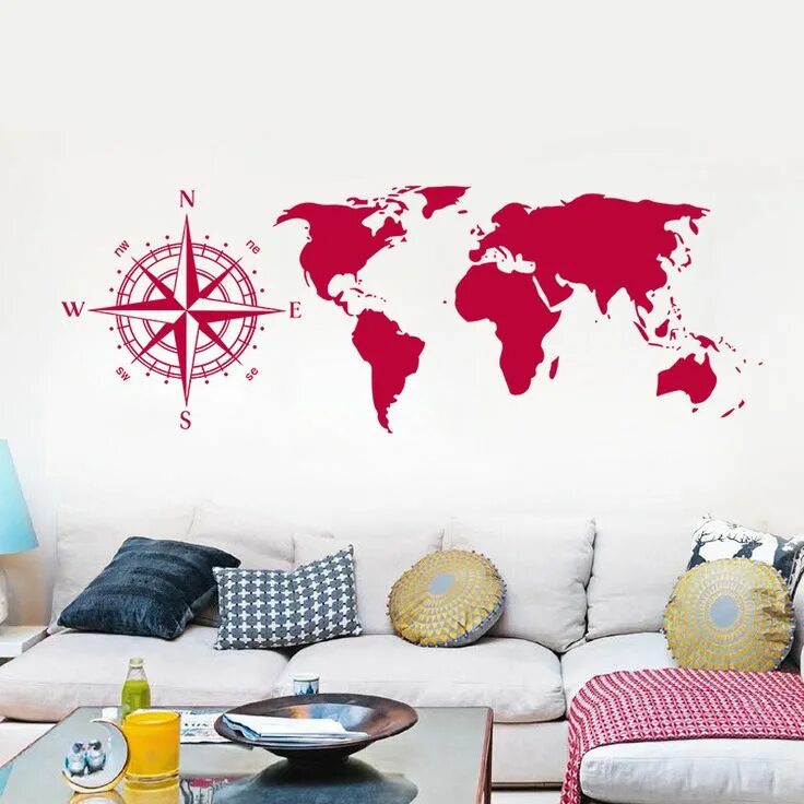Карта мира декор на стену 38.8*110cm compass world map wall sticker for living rooms bedrooms pvc removabl