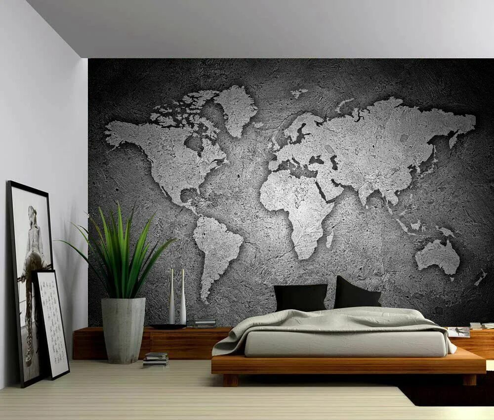 Карта мира декоративная штукатурка фото в интерьере Black and White Stone Texture World Map Large Wall Mural, Self-adhesive Vinyl Wa