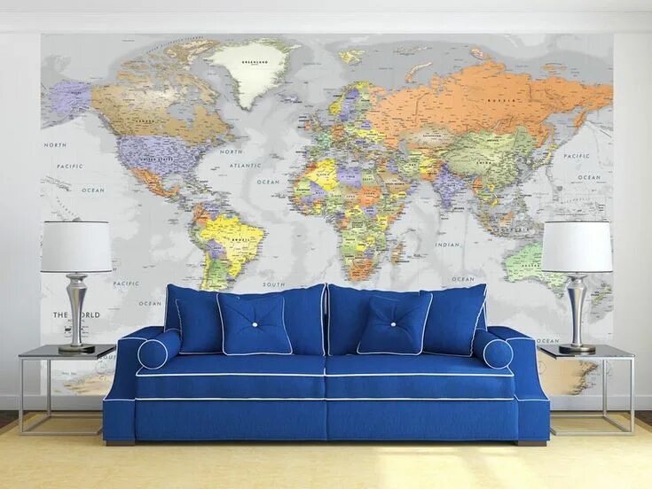 Карта мира в интерьере фото World Map Decal World Map Mural Detailed Gray Oceans World Map Wall Art Peel & S