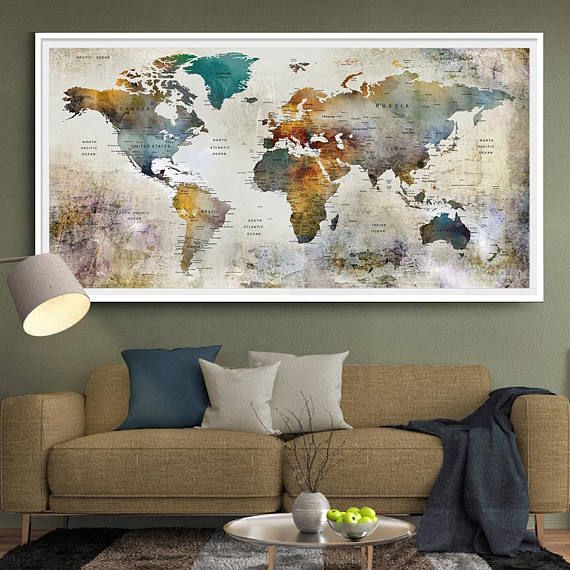 Карта мира в интерьере фото Large Watercolor World Map Print World Map Wall Art Detailed Etsy World map wall