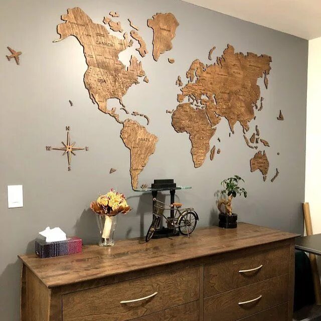 Карта мира в прихожей в интерьере World Map With Push Pins, Travel Map Home Wall Decor, Wood Living Room Wall Art,