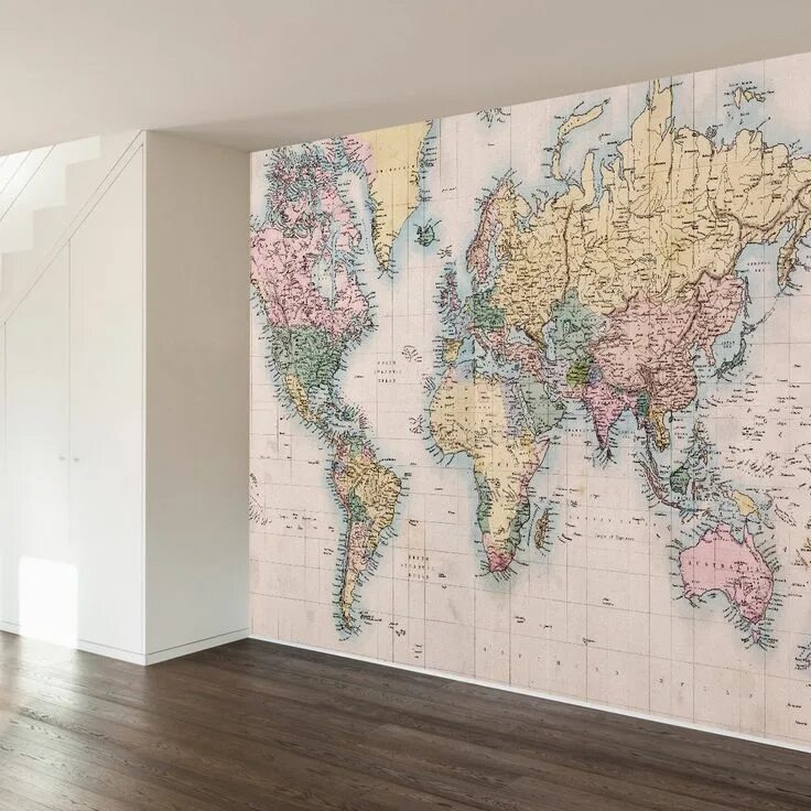 Карта мира в прихожей в интерьере Vintage Map Wall Mural in 2019 Wall mural decals, Wall murals, Map wallpaper
