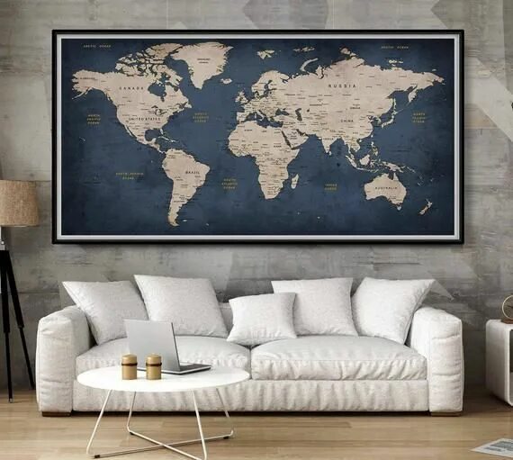 Карта на стене фото Navy blue wall art prints extra large wall art world map push pin Navy blue deco