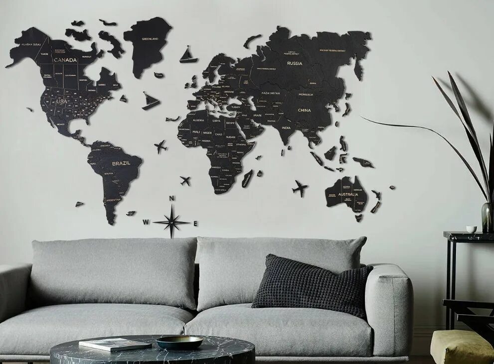 Карта на стене фото Wooden world map on the wall - color black 200 cm x 120 cm Cool Mania
