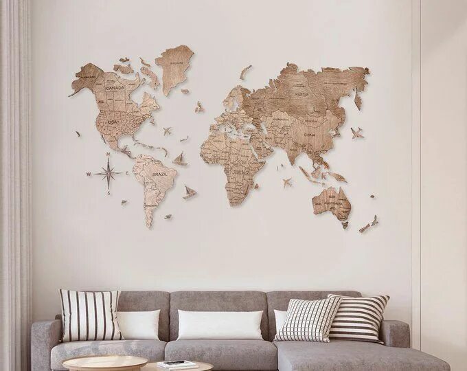 Карта на стене в интерьере World Map With Push Pins, Travel Map Home Wall Decor, Wood Living Room Wall Art,
