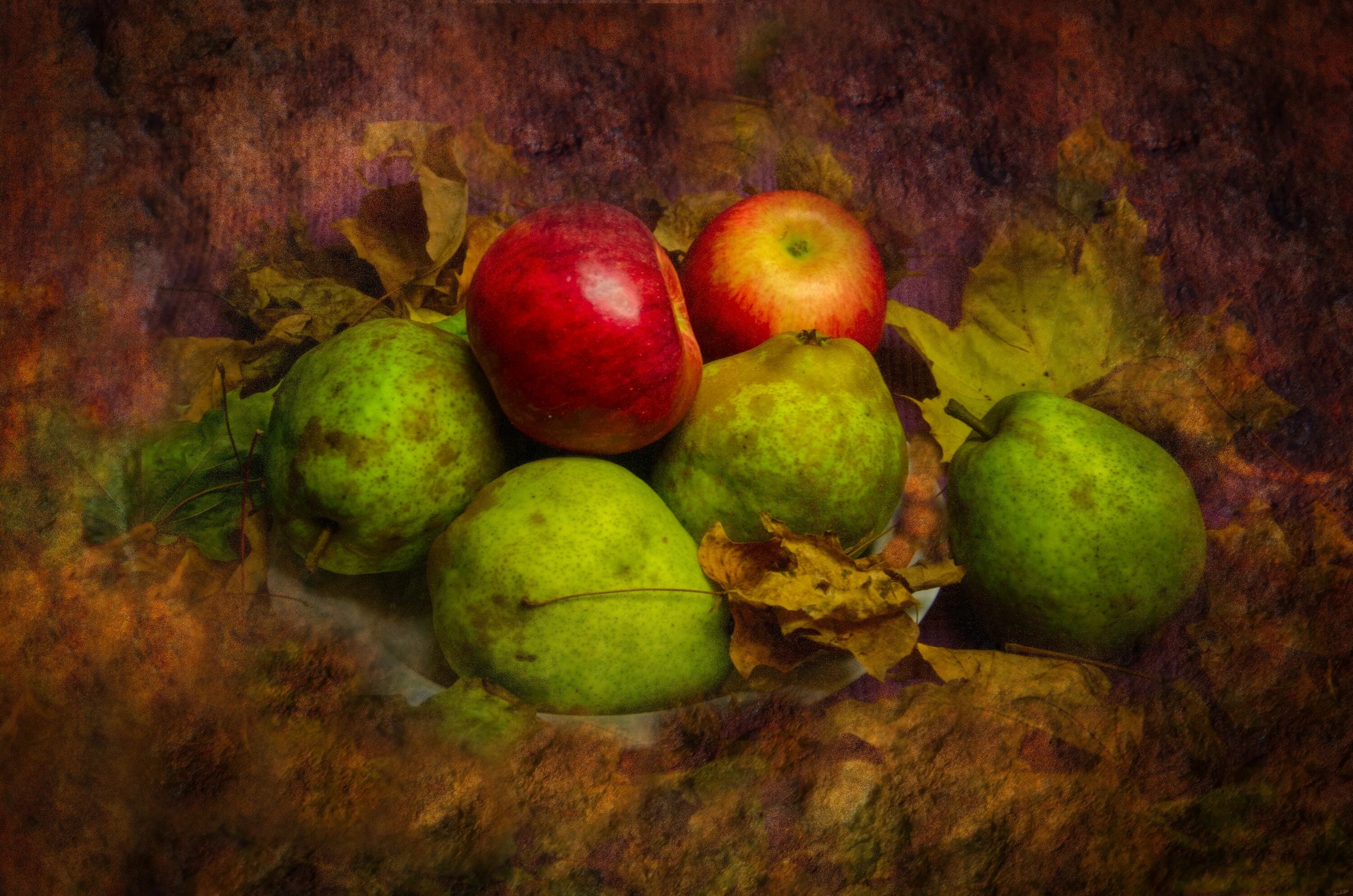 Картина репина яблоки и листья фото Wallpaper : landscape, painting, leaves, nature, artwork, fruit, apples, HDR, pe