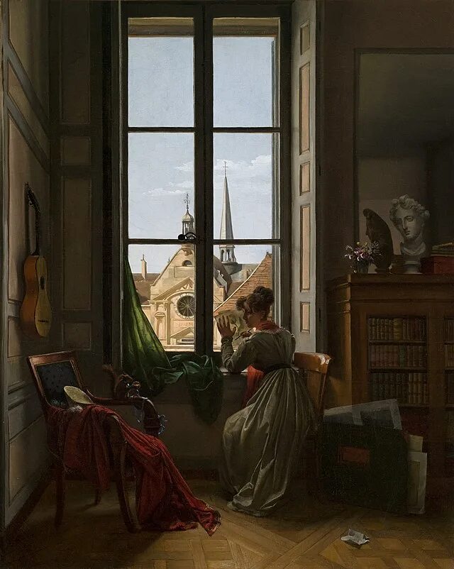 Картина у окна фото File:Louise-Adéone Drölling - Interior with Young Woman Tracing a Flower.jpg - W