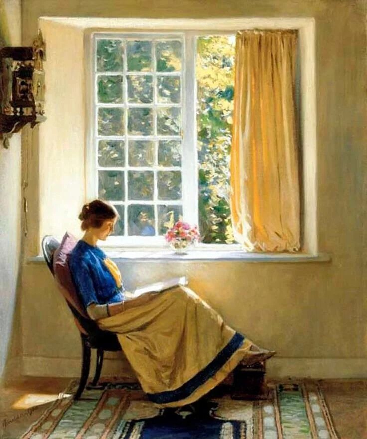 Картина у окна фото "Morning Sun" 1912 by Harold Knight, ENG, 1874 - 1961 Woman reading, Reading art