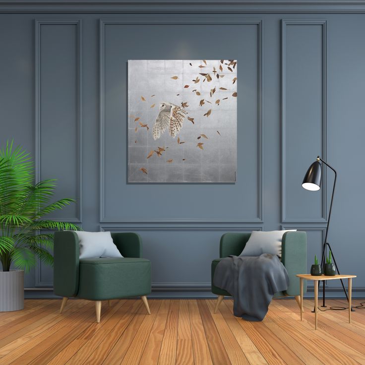 Картина в интерьере онлайн примерка бесплатно Original silver leaf Barn Owl artwork by Joanna Charlotte in a grey panelled lou