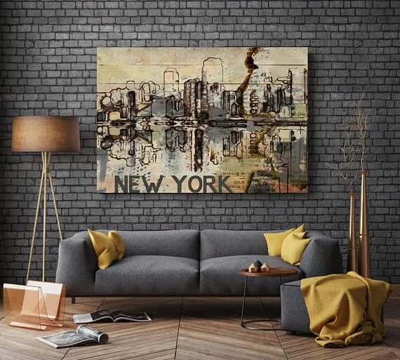 Картина в стиле лофт в гостиной New York Skyline Large Architectural Cityscape Canvas Art Etsy Decor, Interior d