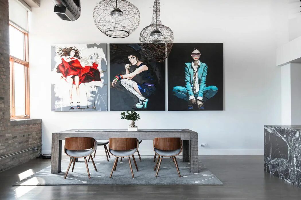 Картина в стиле лофт в гостиной Chicago Loft by KC Architects Loft interior design, Loft interiors, Dining room 