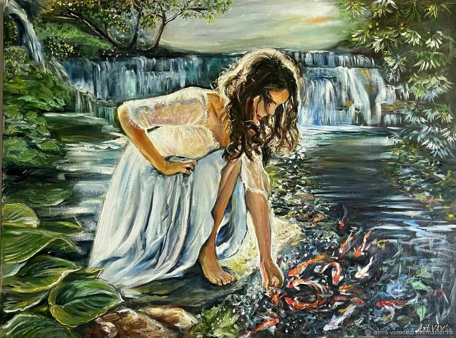 Картина воды фото Картина Девушка у водопада и рыбки Райский сад Картина в интерьер в интернет-маг