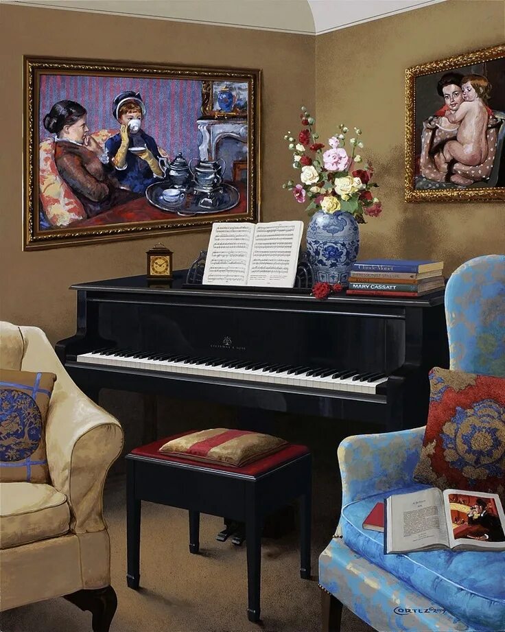 Картина жуковского гостиная с роялем фото Jenness Cortez (b.1944) - The Music Room (741 × 928) Картины, Интерьерная живопи