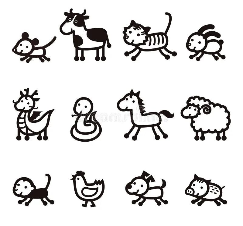 Картинка 12 животных Twelve Chinese Zodiac Animals Icon Stock Illustration - Illustration of line, ho