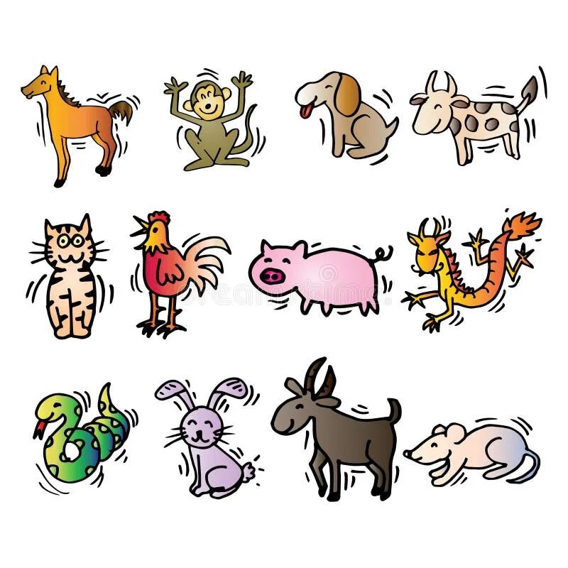 Картинка 12 животных 12 Animals of Chinese Calendar. Cartoon Style Stock Illustration - Illustration 