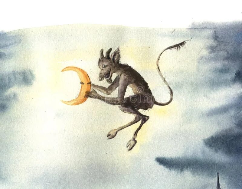 Картинка черта ночь перед рождеством Watercolor Russian Christmas Card with Devil Steals Moon. Fairy Tale Illustratio