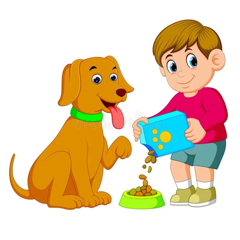 Картинка дети помогают животным A Little Boy is Giving Food for His Big Brown Dog Stock Vector - Illustration of