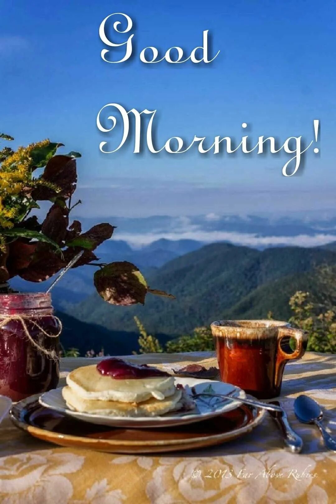 Картинка доброе утро с видами красивой природы Good Morning Greetings with Pancakes and Coffee