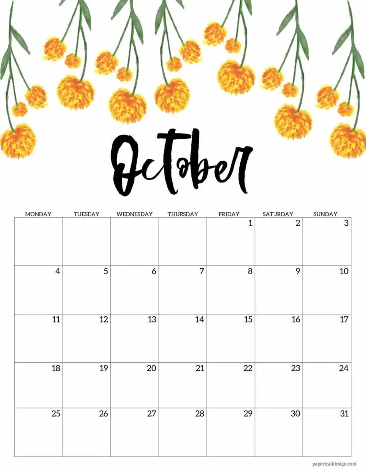 Картинка календаря на октябрь 2024 года Free Printable 2021 Floral Calendar - Monday Start - Paper Trail Design Kids cal