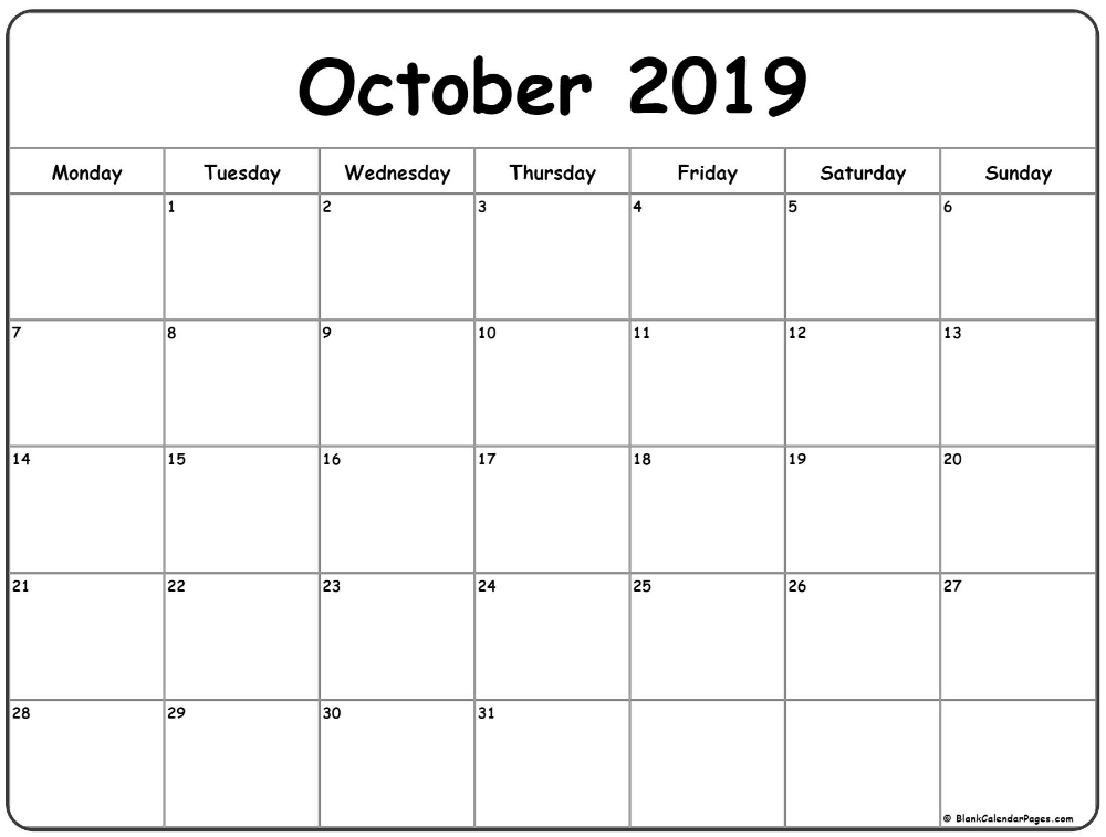 Картинка календаря на октябрь 2024 года October 2019 Monday Calendar Monday to Sunday Weekly calendar printable, Calenda