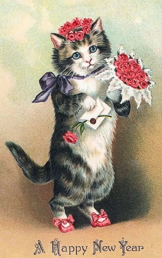 Картинка кот с днем рождения женщине A Collection of 30 Lovely Vintage New Year Cards Vintage katze, Katze karten, Vi