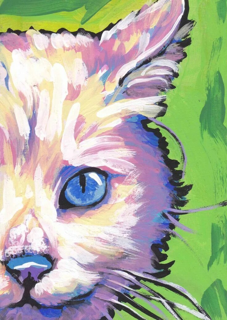 Картинка красками животных White Cat Kitten Art Print Pop Art Bright Colorful Cat Portrait Art 8.5x11 by LE