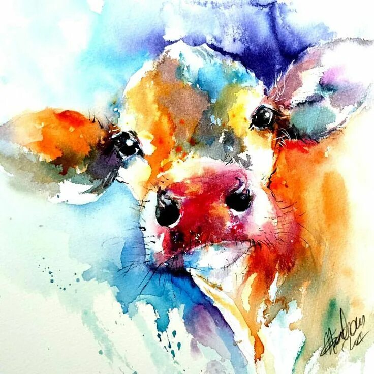 Картинка красками животных Cow painting by Natalie Graham www.facebook.com/Watercolours-by-Natalie-Graham #